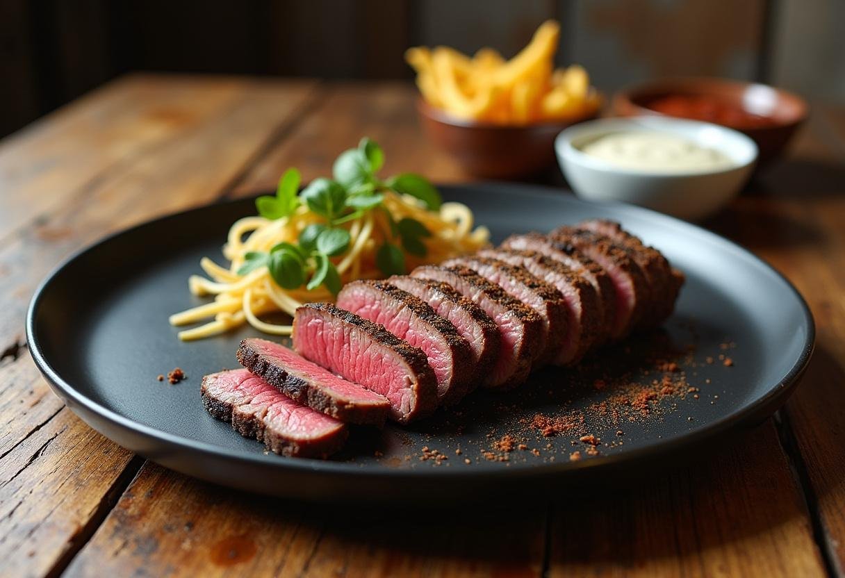Final presentation of smoked beef sirloin delight, showcasing a deliciously smoked roast with sides on a rustic wooden table.