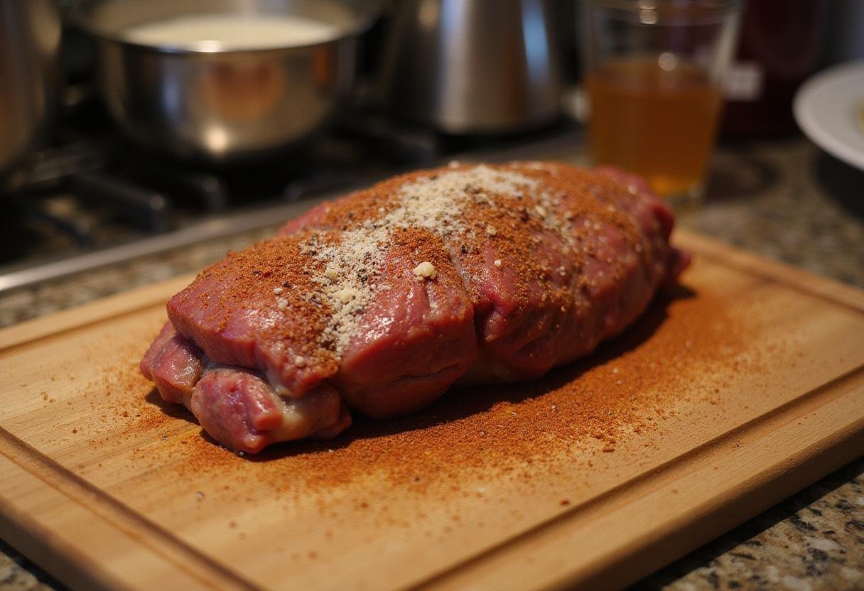 Seasoning smoked beef sirloin roast with salt, black pepper, garlic powder, and paprika for a delicious flavor.