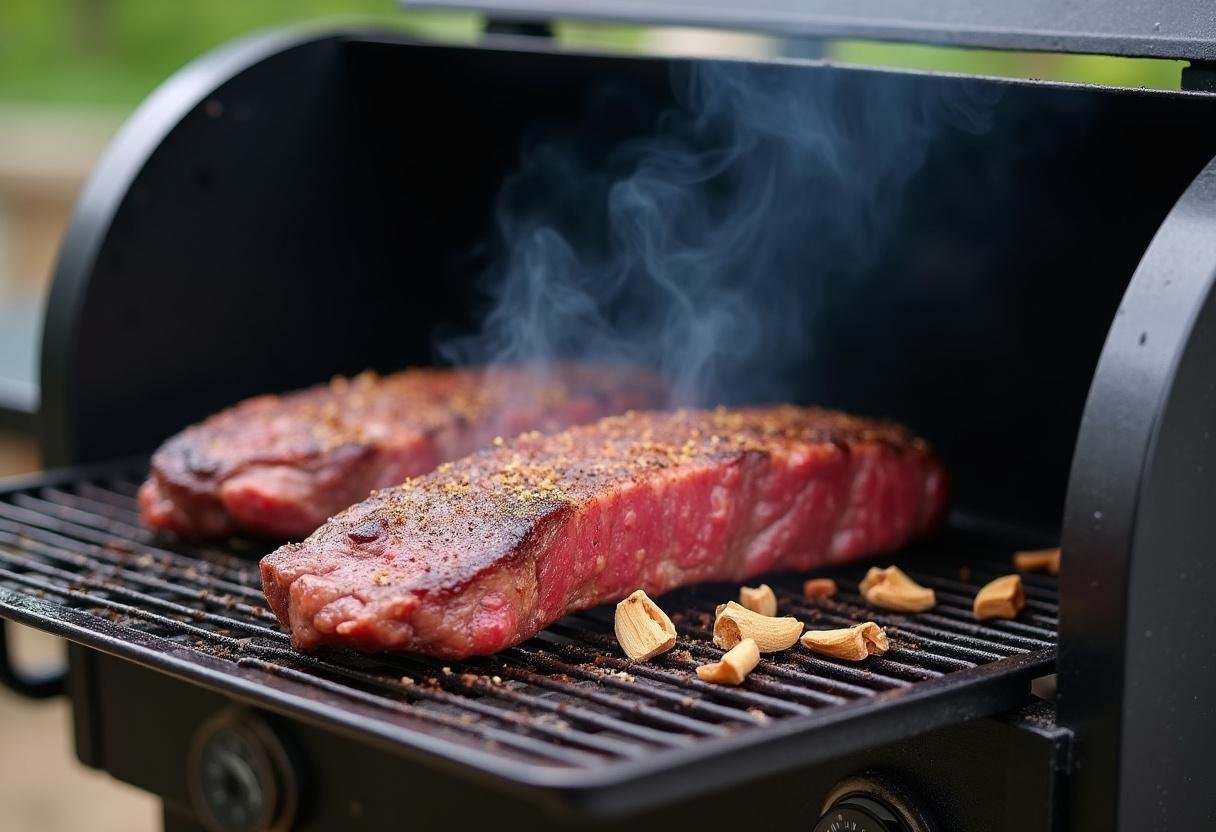 Smoking beef sirloin roast in a smoker with wood chips, creating a rich smoky flavor in a backyard barbecue scene.