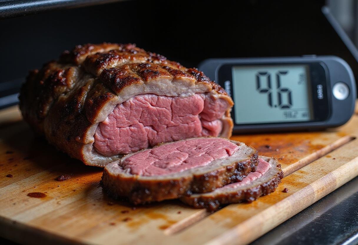 Resting smoked beef sirloin roast on a cutting board after being removed from the smoker, showcasing a perfectly cooked piece of meat.