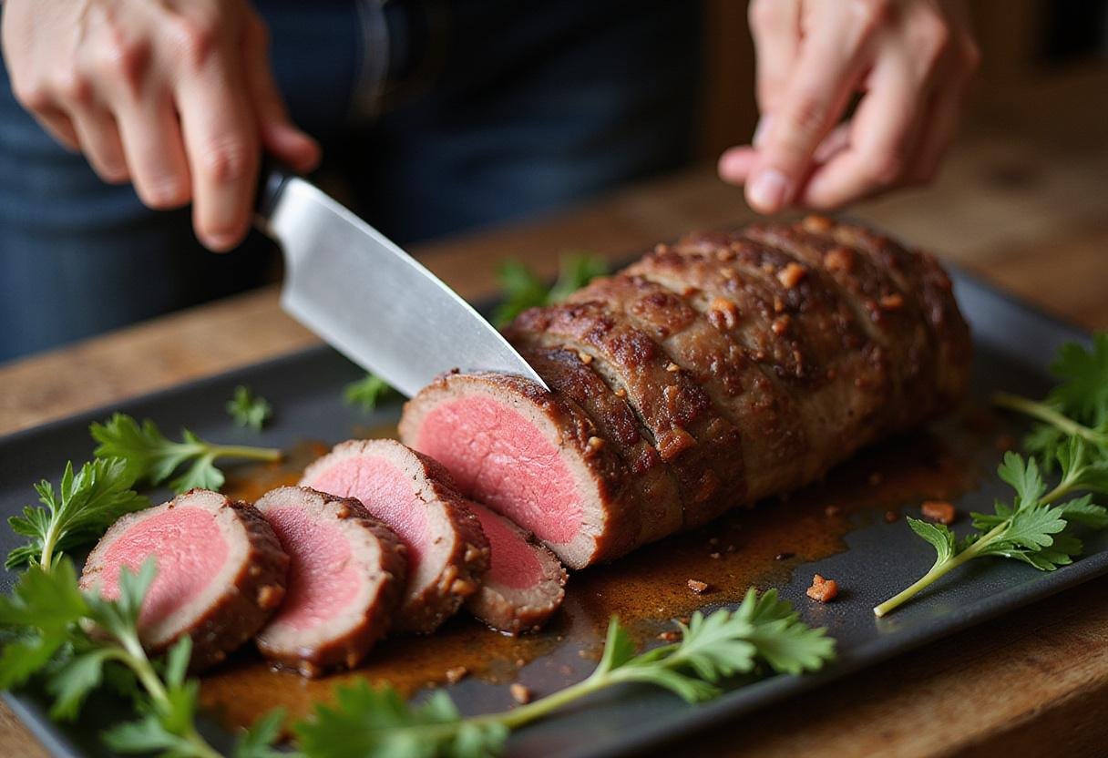Slicing smoked beef sirloin roast into thin pieces and presenting it beautifully on a platter with fresh herbs, ready to serve.