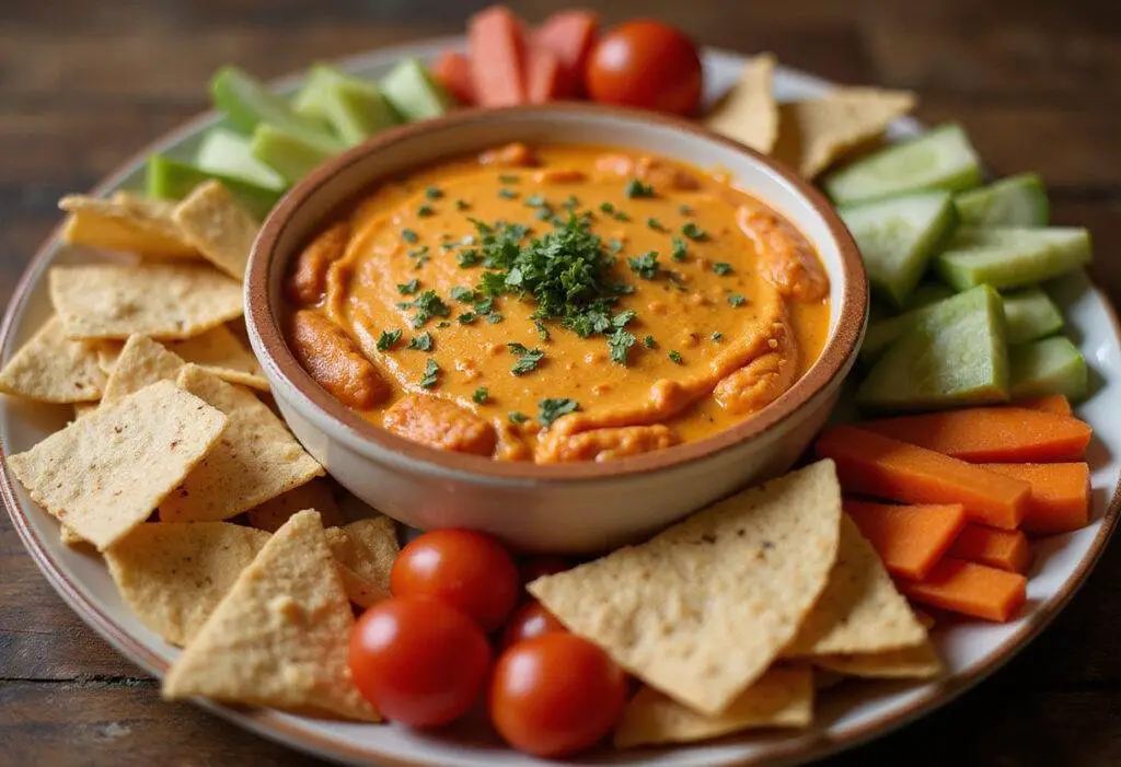 Final presentation of smoked buffalo chicken dip with fresh veggies and chips, perfect for parties and gatherings.
