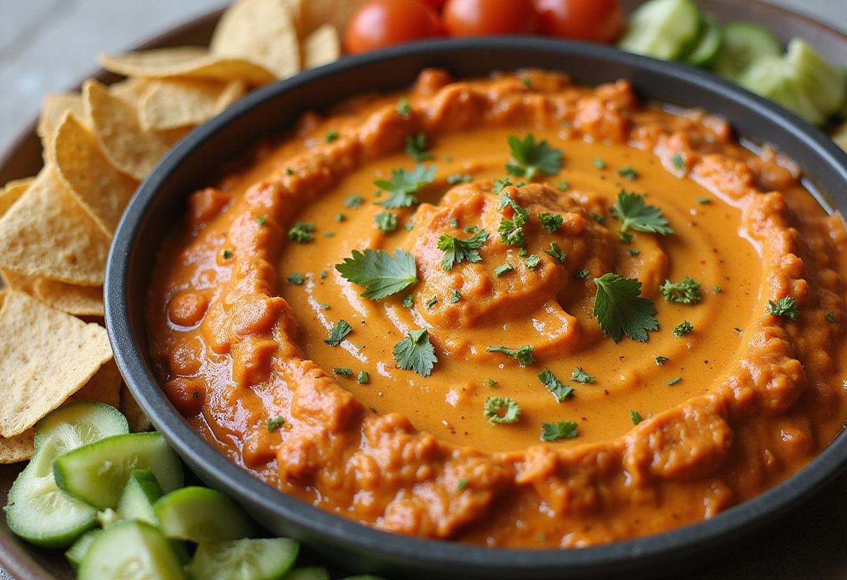 Final presentation of smoked buffalo chicken dip with fresh veggies and chips, perfect for parties and gatherings.