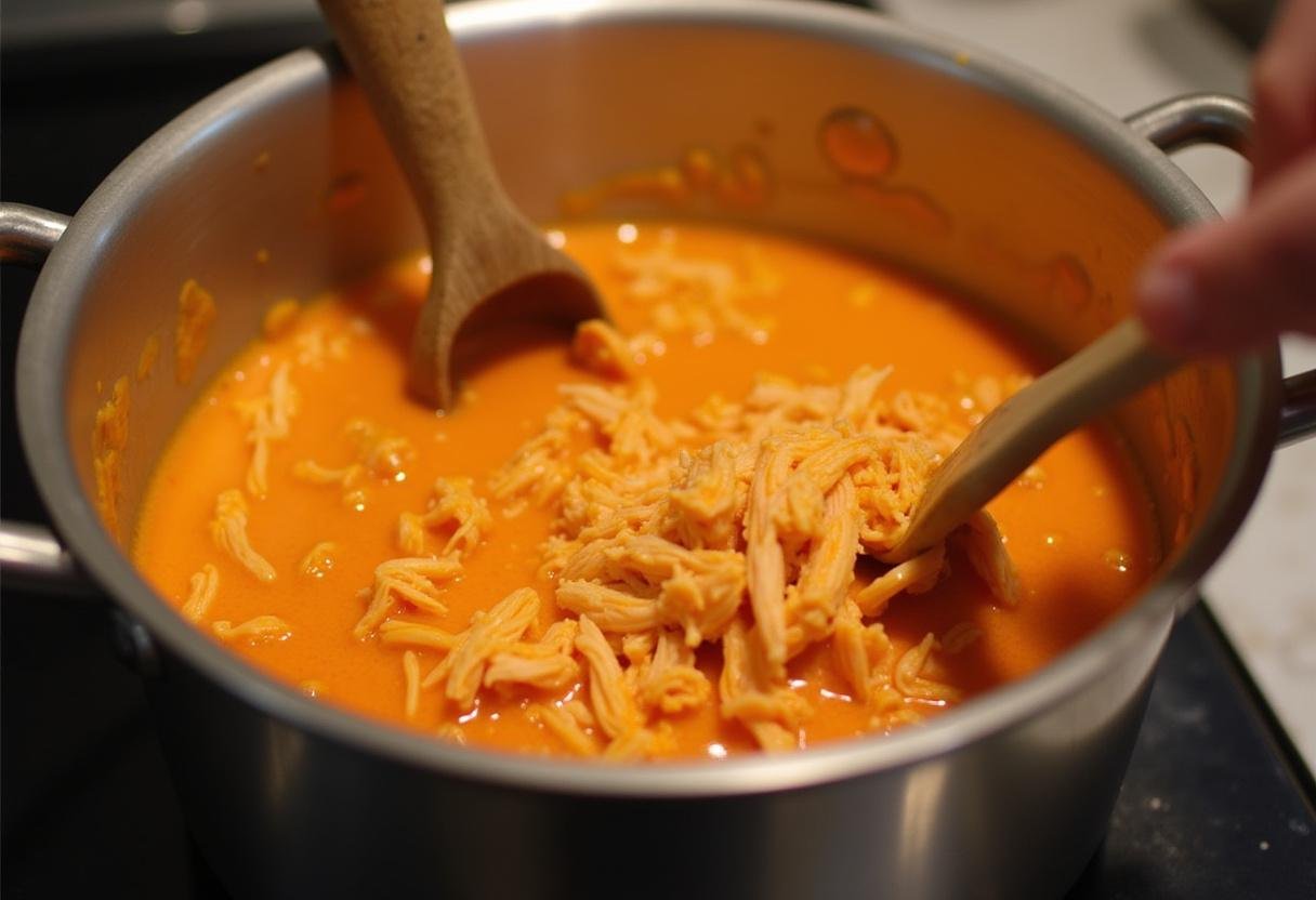Cooking the spicy smoked buffalo chicken dip on the stove with a rich buffalo sauce blend, perfect for dipping enthusiasts.