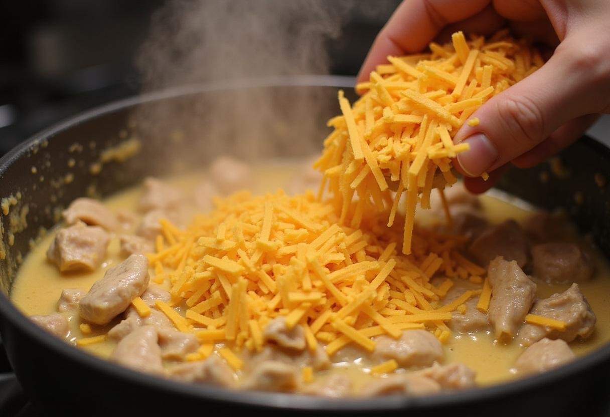 Adding shredded cheddar cheese to a warm buffalo chicken dip, ensuring a gooey and cheesy indulgence for party guests.