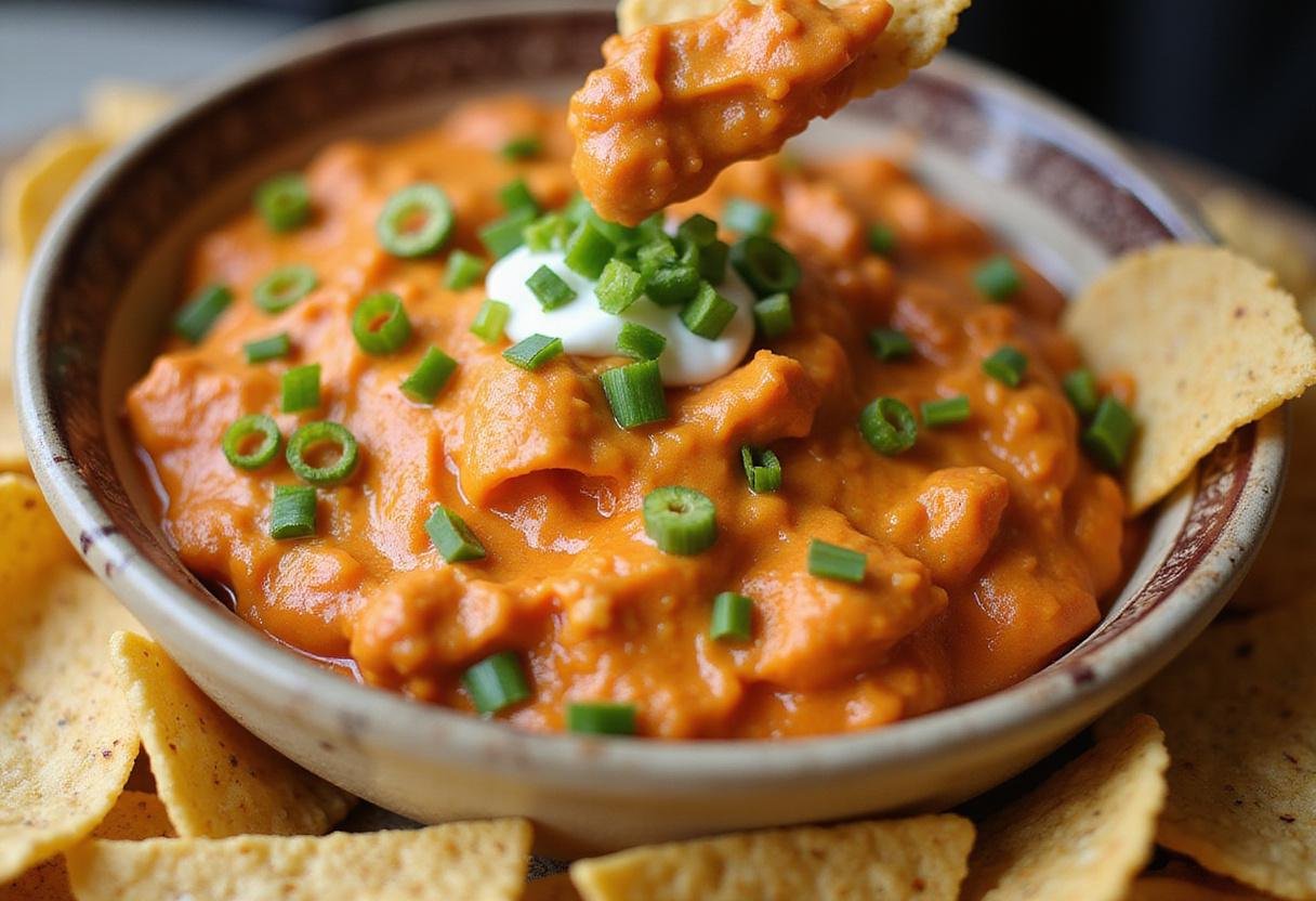 Transferring the vibrant smoked buffalo chicken dip into a bowl, surrounded by crispy tortilla chips for an inviting appetizer display.