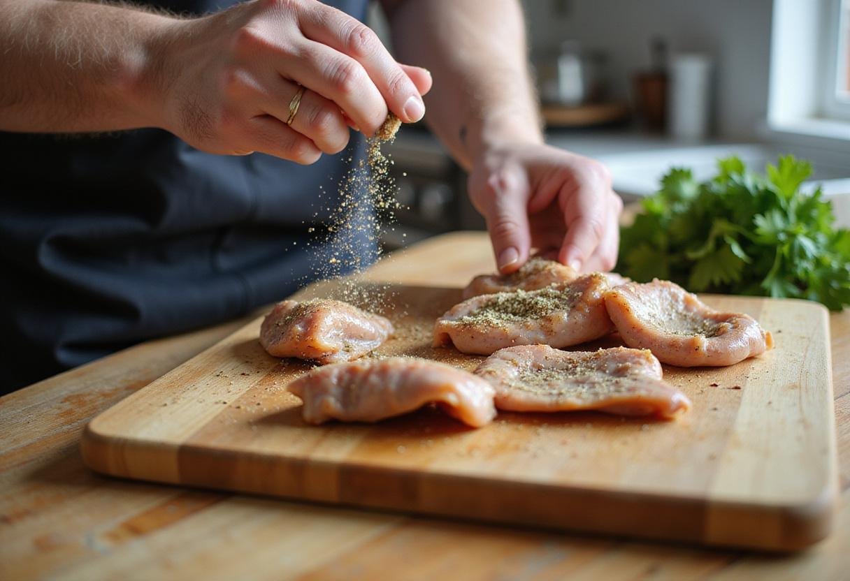 Seasoning smoked turkey tails with spices for a flavorful treat in a bright kitchen.