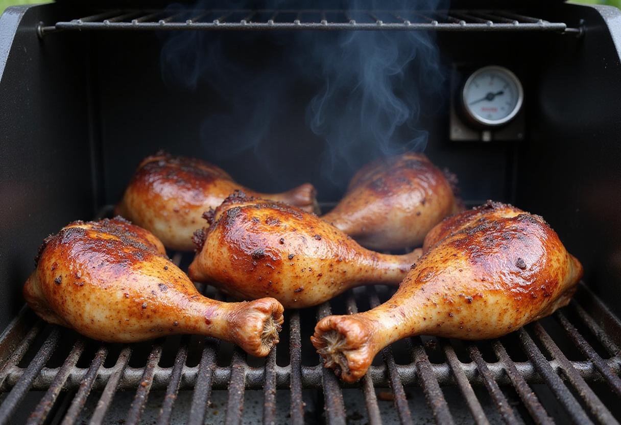 Smoked turkey tails in the smoker, releasing aromatic smoke for a delicious flavor.