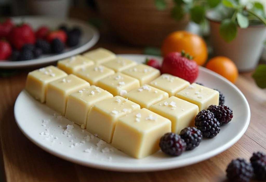 Elegant presentation of smooth dreamy vegan white chocolate squares, a delicious and healthy vegan treat perfect for dessert.