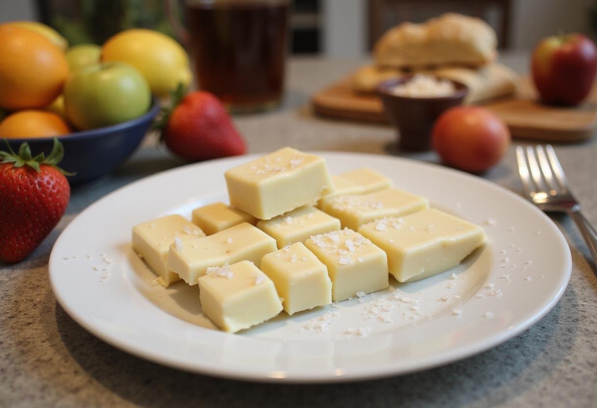 Elegant presentation of smooth dreamy vegan white chocolate squares, a delicious and healthy vegan treat perfect for dessert.