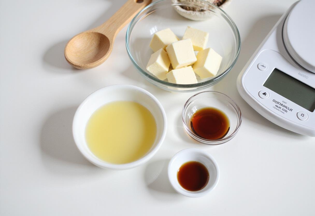 Ingredients for smooth dreamy vegan white chocolate including coconut oil, cacao butter, and maple syrup spread out on a clean kitchen countertop.