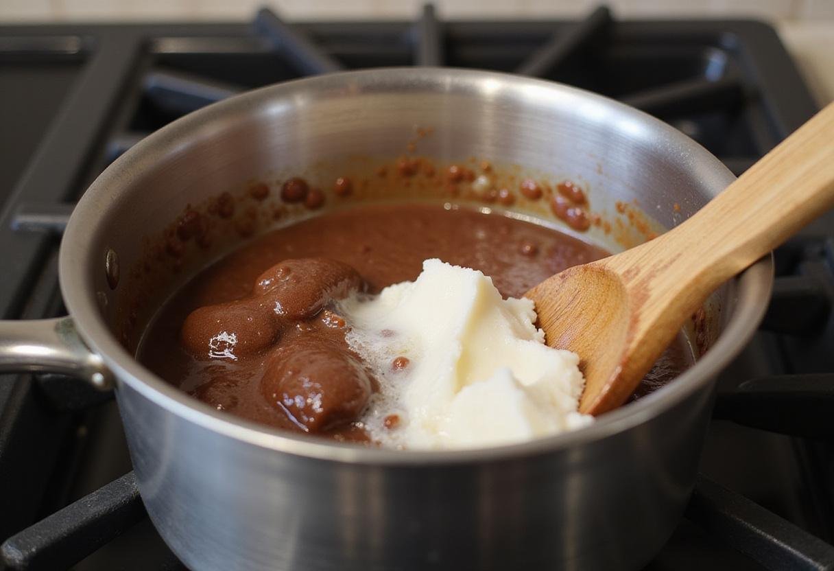 Melting cacao butter and coconut oil in a saucepan to create a creamy base for vegan white chocolate.