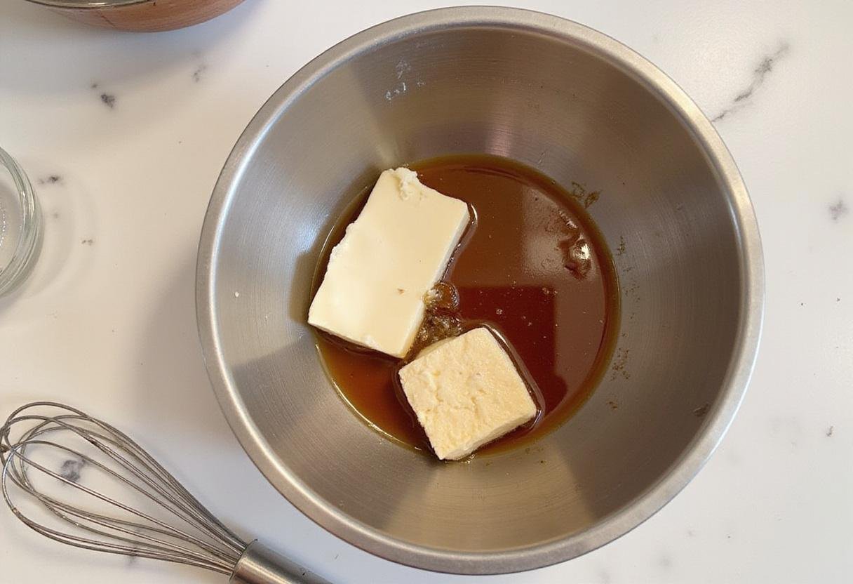 Combining melted ingredients with sweet maple syrup and vanilla extract for a delicious vegan white chocolate mixture.