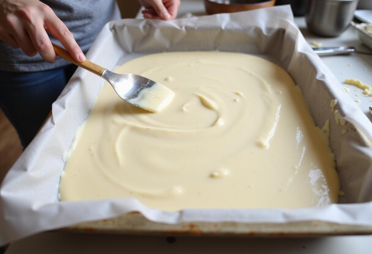 Pouring the creamy vegan white chocolate mixture into a baking tray, preparing it for refrigeration to set.