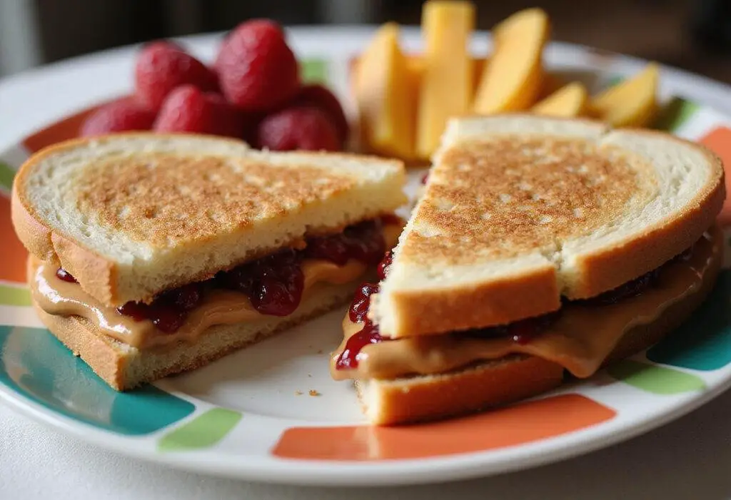 Delicious Smucker's PB&J sandwich showcasing the perfect layers of Goober peanut butter and jelly, served with fresh fruit.