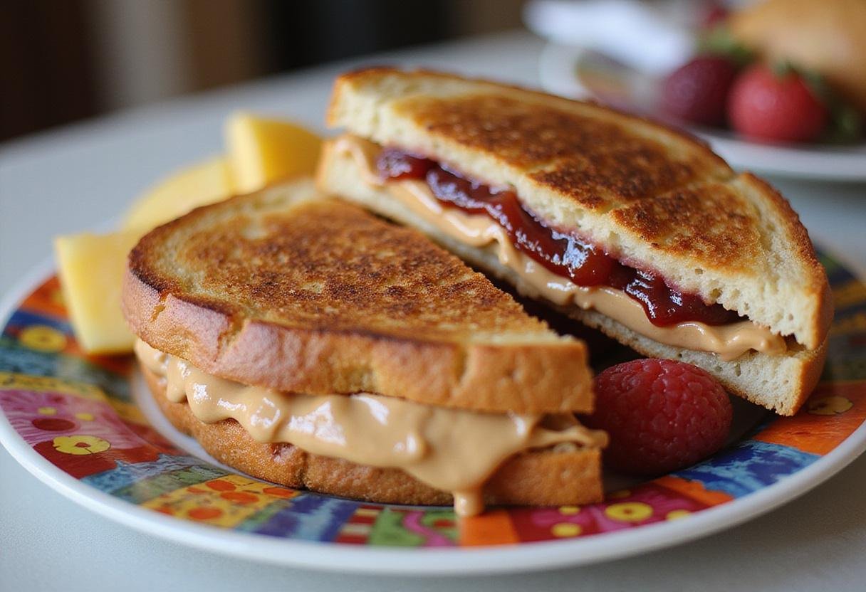 Delicious Smucker's PB&J sandwich showcasing the perfect layers of Goober peanut butter and jelly, served with fresh fruit.