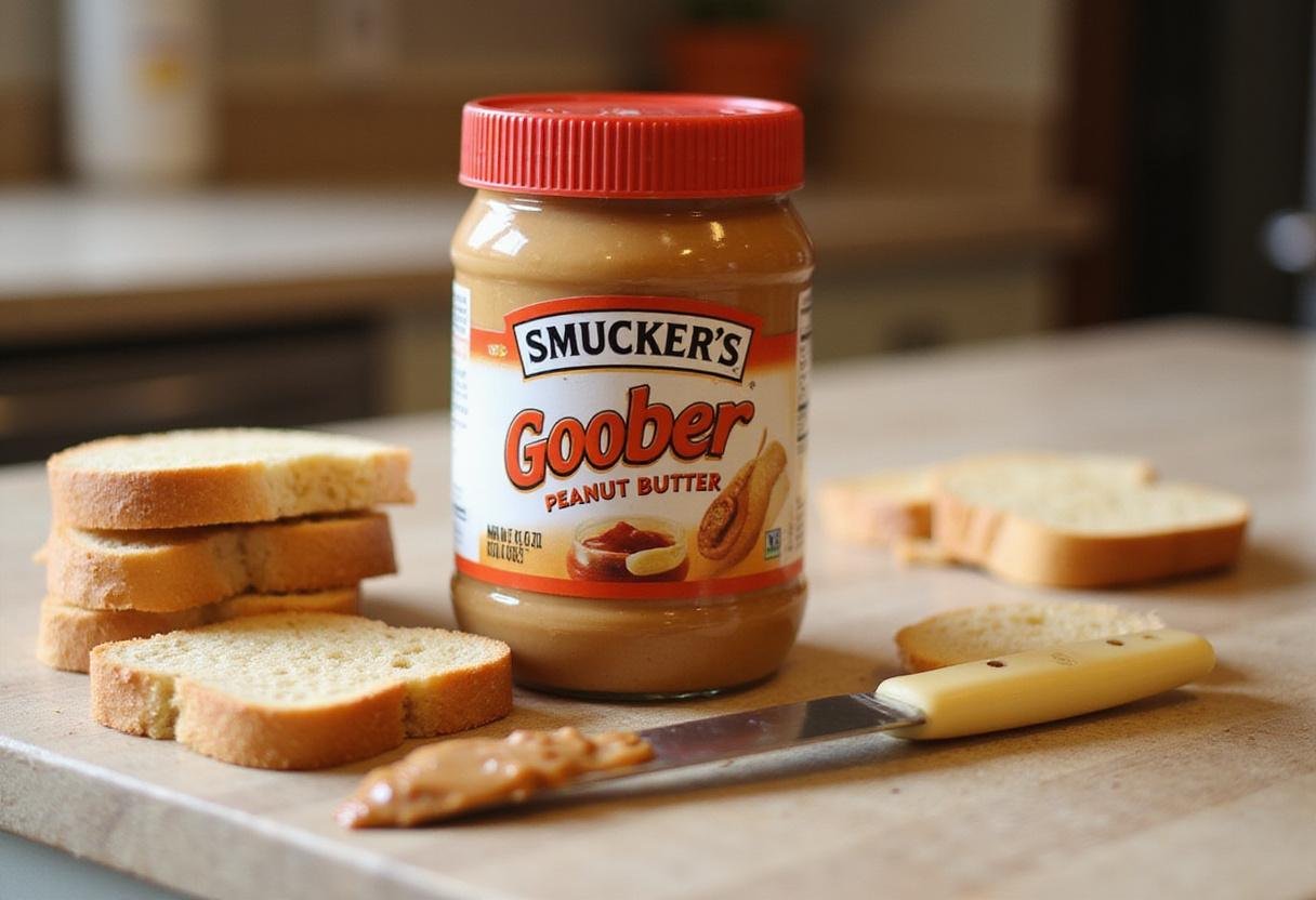 Preparing Smucker's PB&J with Goober peanut butter and jelly on fresh bread slices.