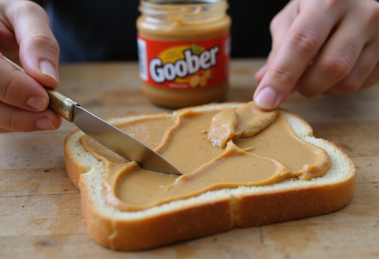 Spreading Goober peanut butter for a classic Smucker's PB&J sandwich on soft bread.
