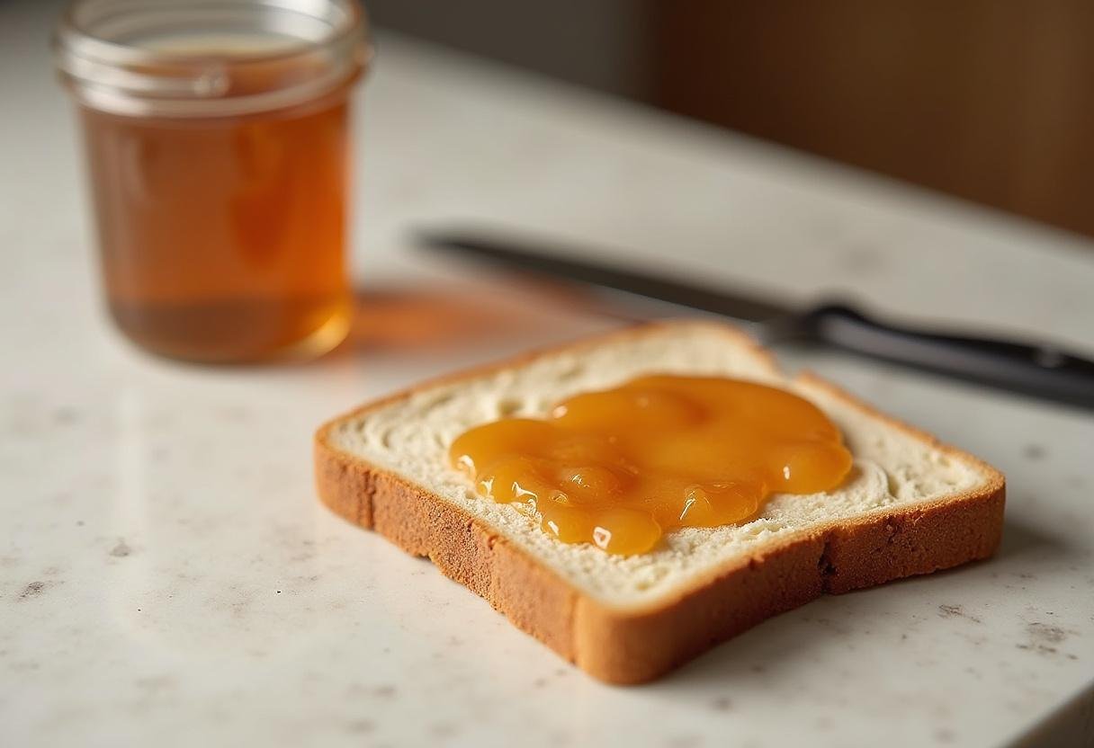 Assembling Smucker's PB&J by preparing the second slice with jelly alongside the peanut butter.