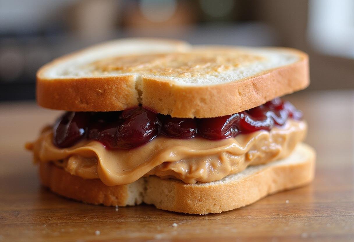 Completing a Smucker's PB&J sandwich by combining the peanut butter and jelly slices.