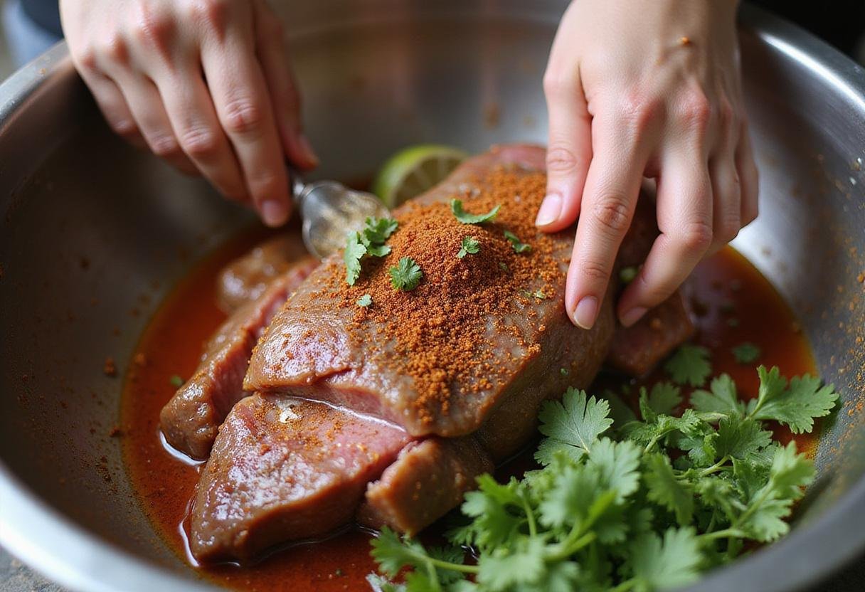 Marinating sliced steak in taco seasoning for delicious steak tacos.