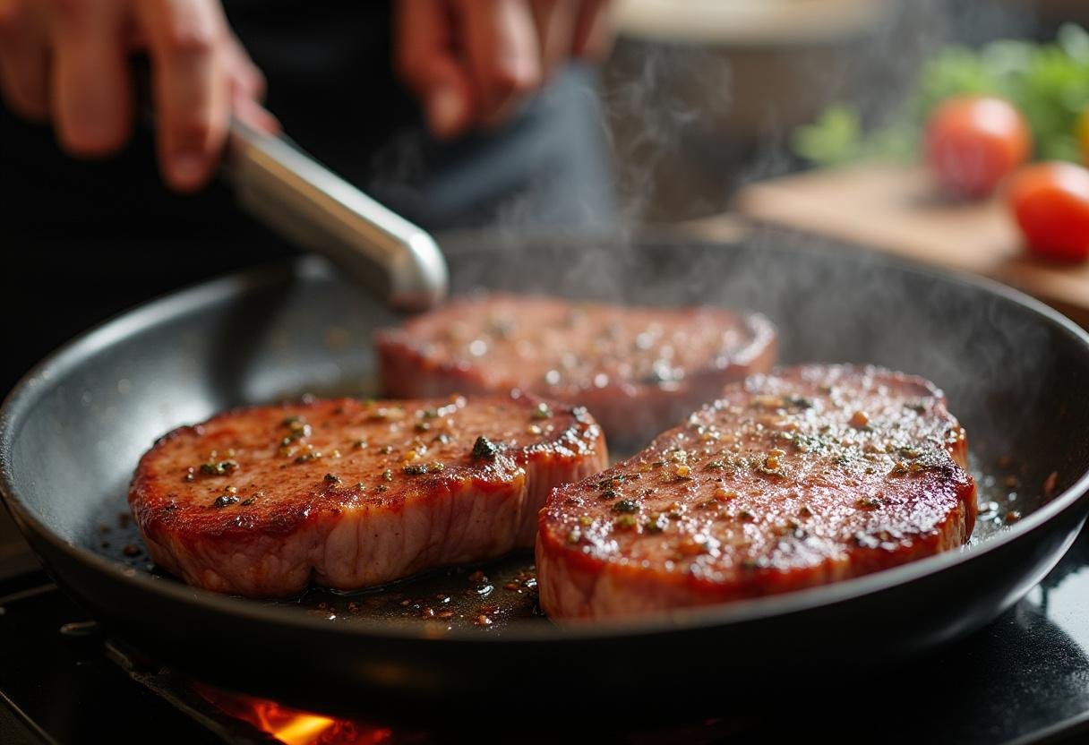 Cooking marinated steak in a skillet for perfect steak tacos.