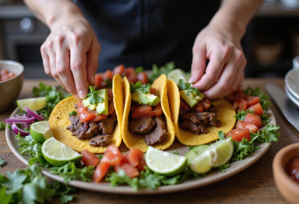 Garnishing steak tacos with fresh salsa and avocado for the ultimate street taco experience.
