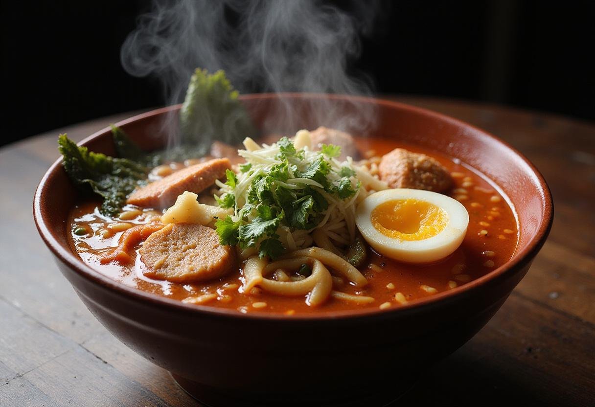 Deliciously steaming Spicy Dragon Bowl Ramen, an enticing and flavorful dish ready to be served.