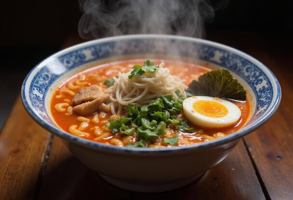 Deliciously steaming Spicy Dragon Bowl Ramen, an enticing and flavorful dish ready to be served.