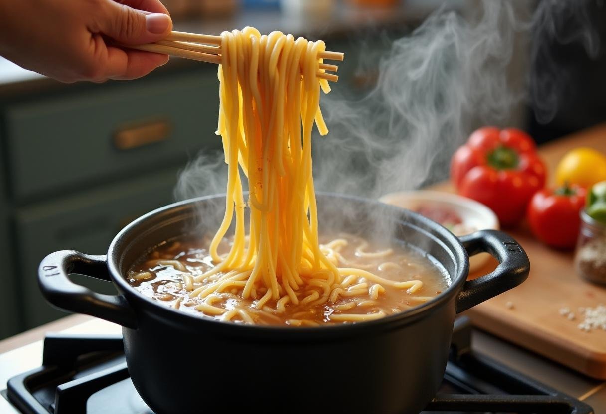 Preparing Spicy Dragon Bowl Ramen with fresh ramen noodles in boiling water for a delicious dish.