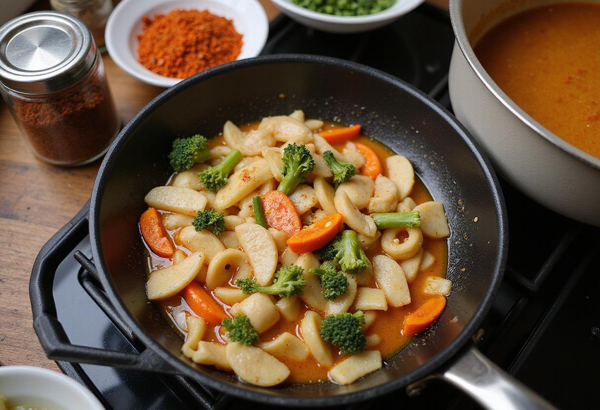 Cooking flavorful broth and sautéed vegetables for Spicy Dragon Bowl Ramen, creating a deliciously spicy base.