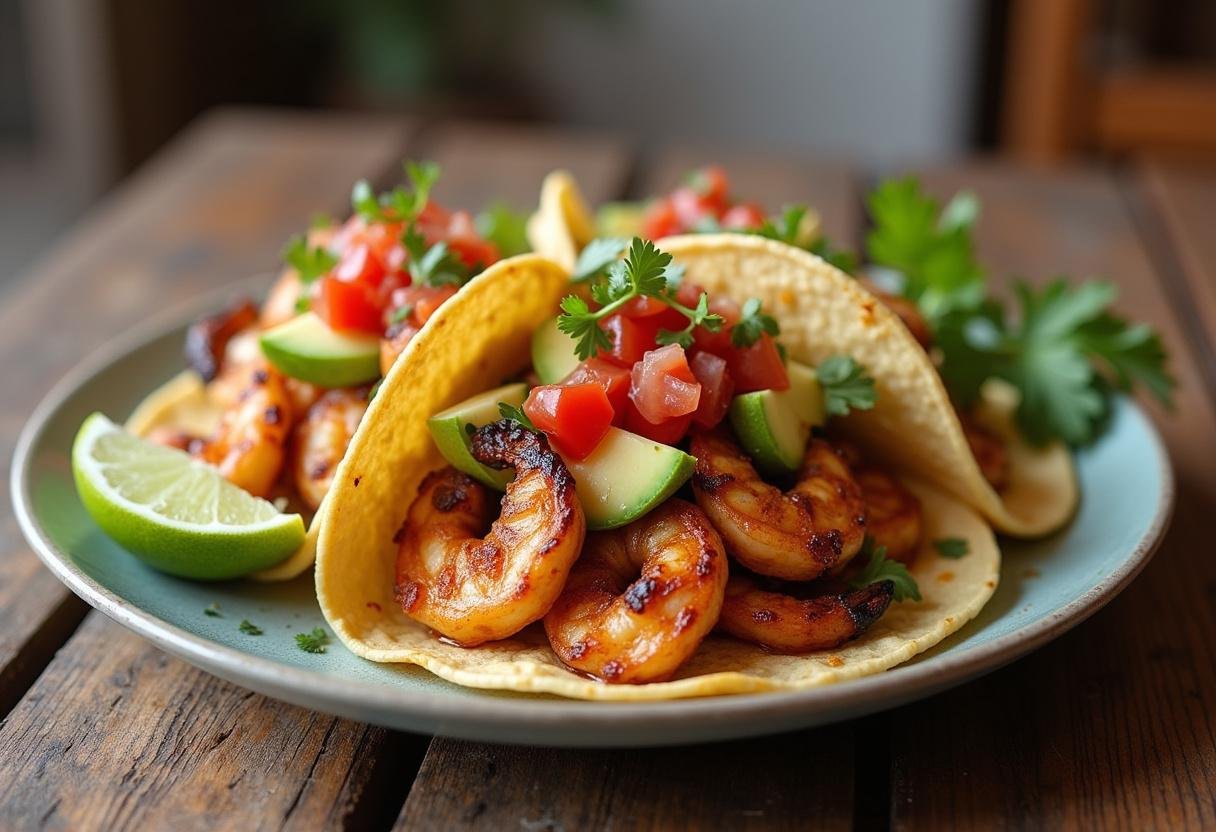 Delicious spicy grilled shrimp tacos ready to enjoy, perfect for a flavorful meal.