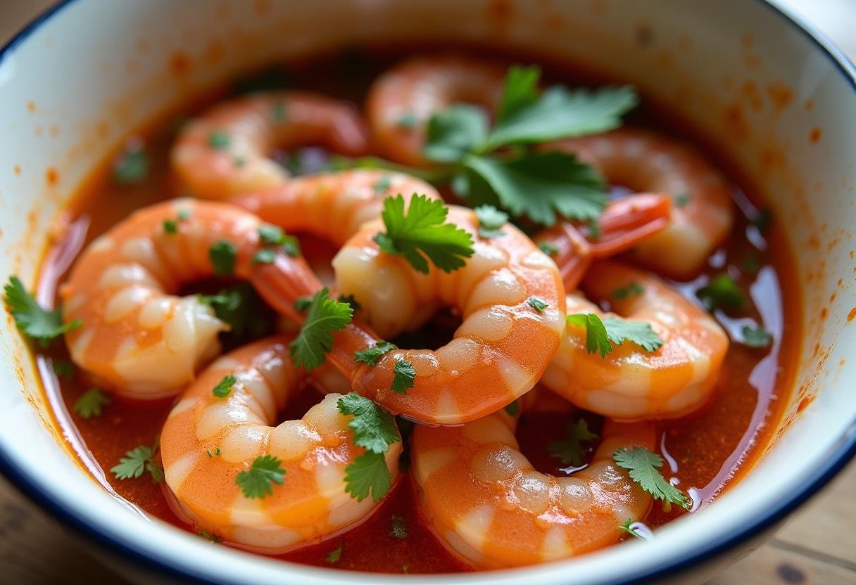 Shrimp marinated in lime juice and spices for spicy grilled shrimp tacos.