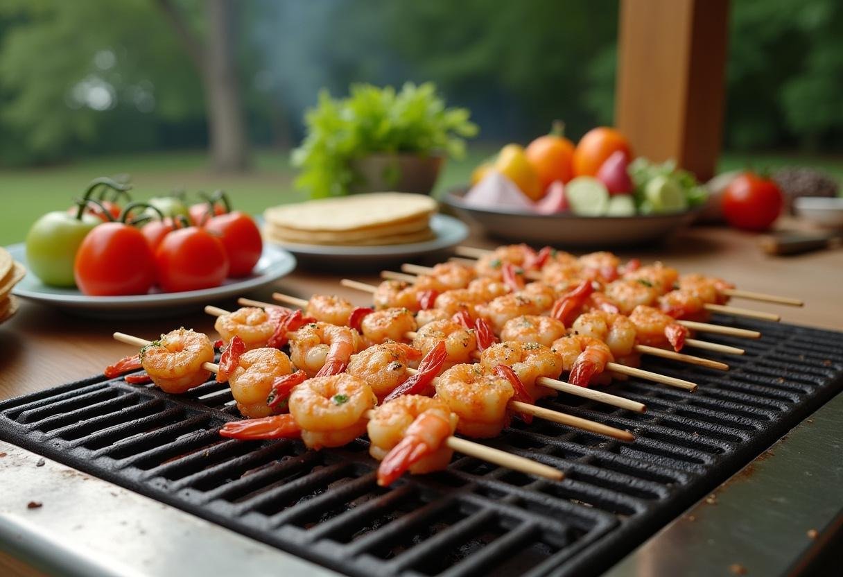 Skewered marinated shrimp prepared for grilling for spicy shrimp tacos.