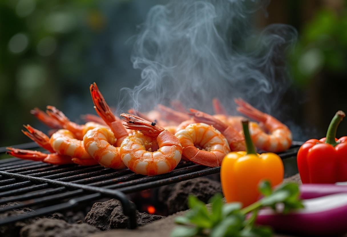 Grilled shrimp on a barbecue ready for spicy taco filling.