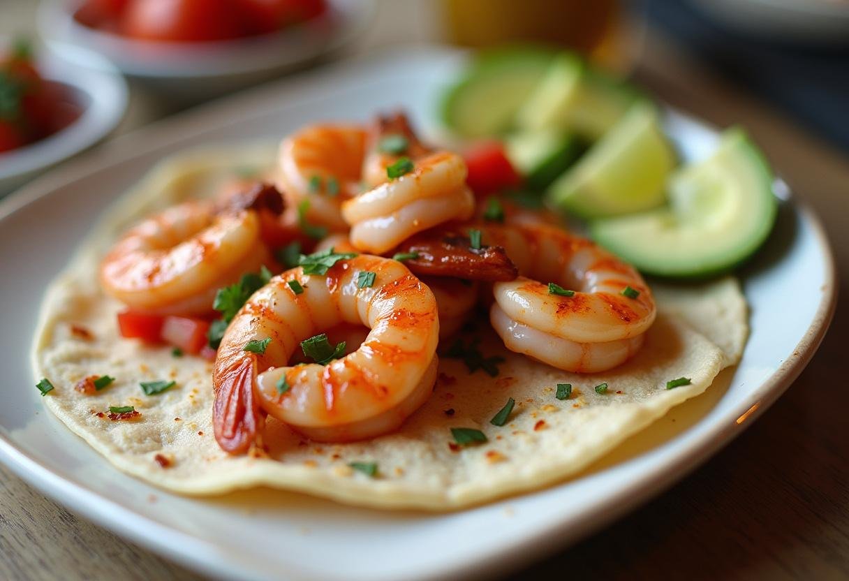 Preparing spicy grilled shrimp tacos with fresh toppings on tortillas.