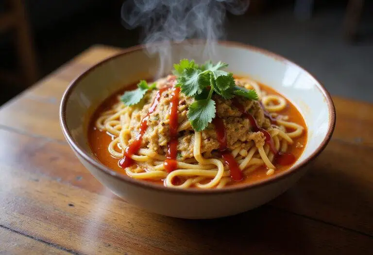 Final presentation of spicy Mexican ramen fusion highlighting vibrant ingredients and steam.