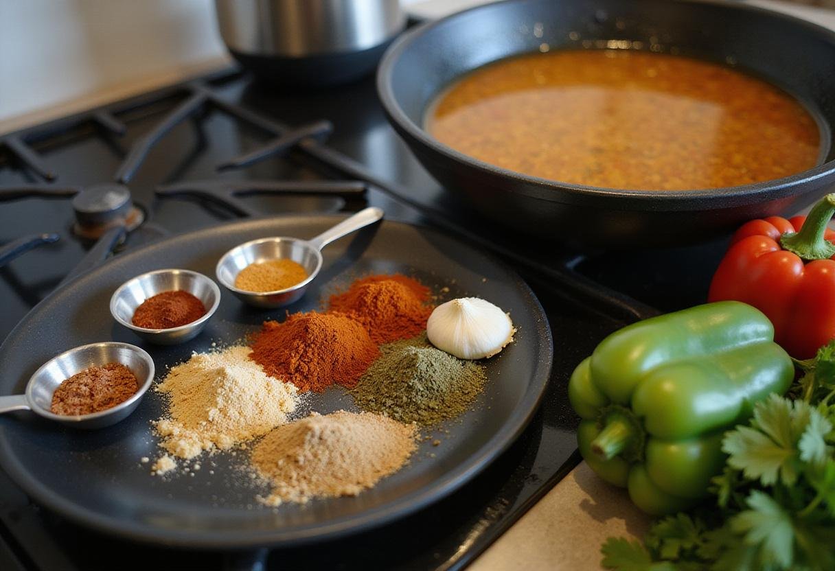 Mexican ramen spices and fresh vegetables preparation for spicy Mexican ramen fusion.