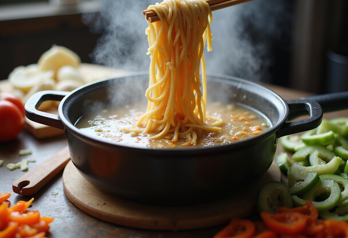 Adding ramen noodles to boiling water for a delicious Mexican ramen fusion dish.