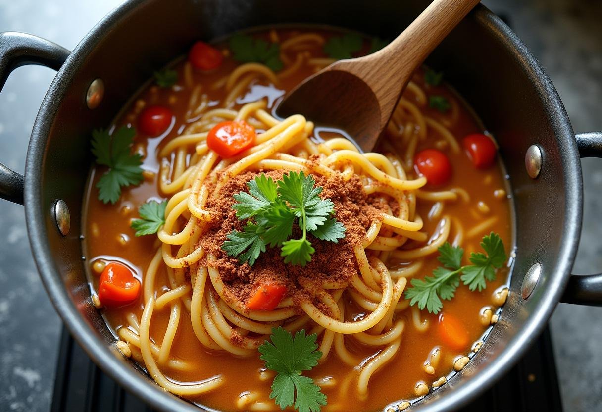 Stirring the vibrant mixture of spicy Mexican ramen-infused noodles and vegetables.