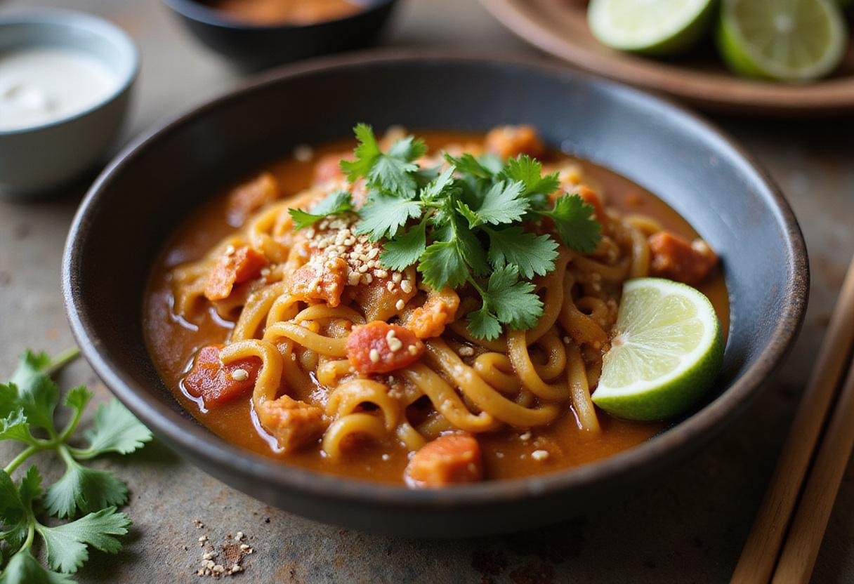 Deliciously garnished spicy Mexican ramen ready to be served with lime and cilantro.