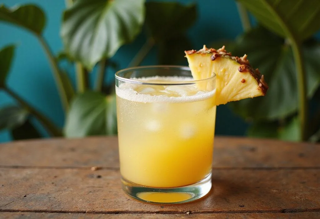 Final presentation of Spirited Pineapple Vodka Fizz cocktail, showcasing the refreshing drink with tropical decor.