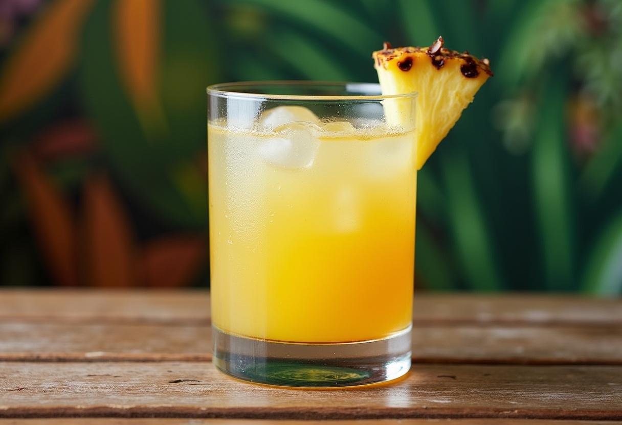 Final presentation of Spirited Pineapple Vodka Fizz cocktail, showcasing the refreshing drink with tropical decor.