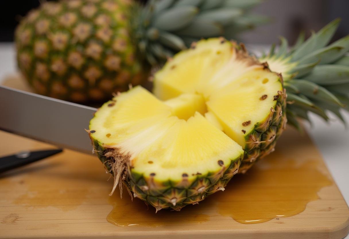 Fresh pineapple preparation for Spirited Pineapple Vodka Fizz recipe, showcasing ripe pineapple for cocktail making.