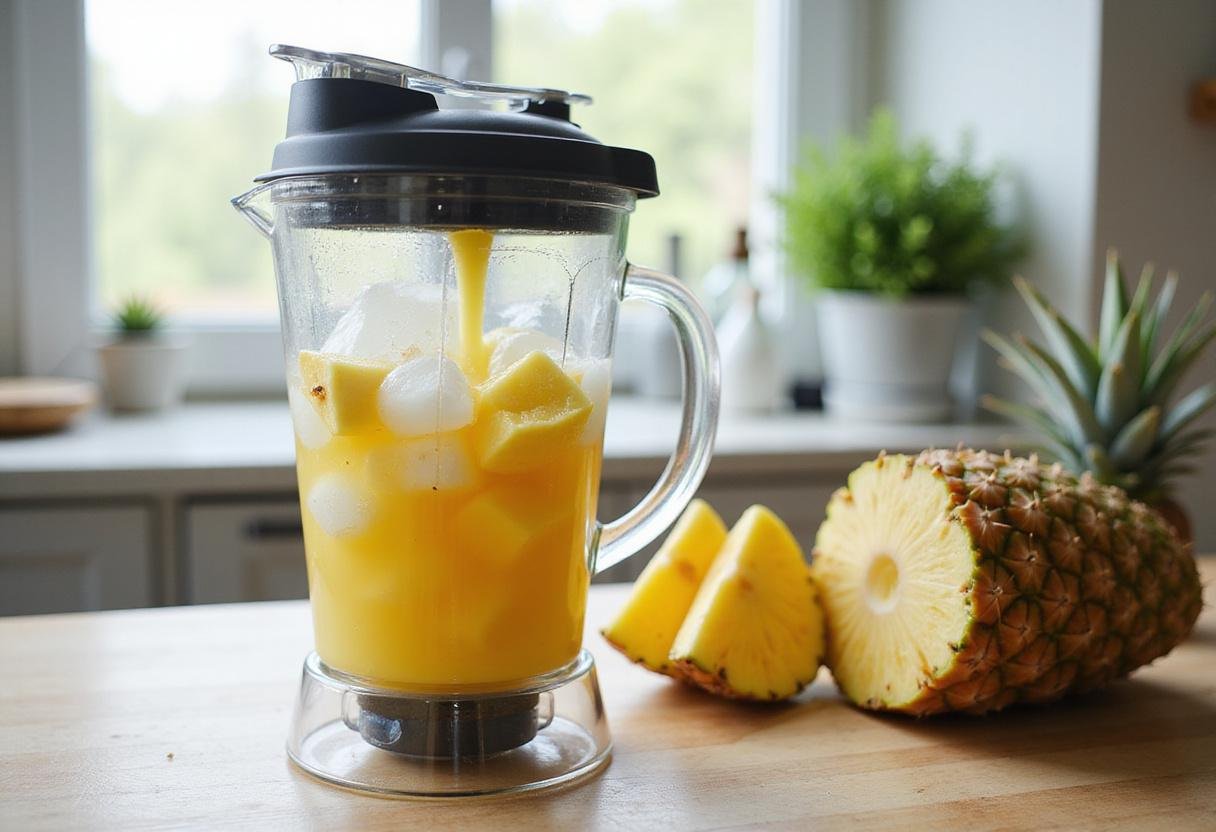 Ingredients for Pineapple Vodka Fizz being blended, highlighting pineapple chunks and vodka in a vibrant kitchen.