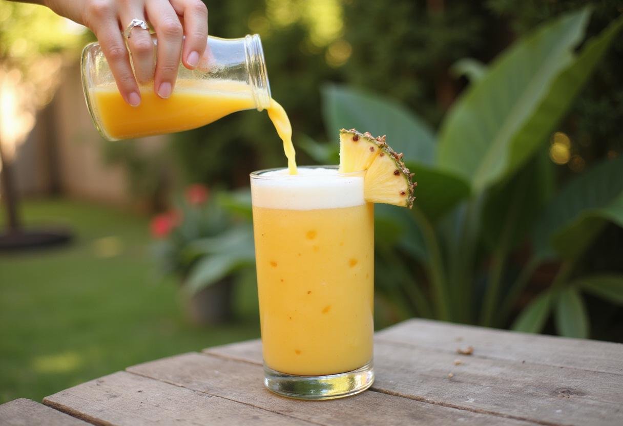 Pouring blended pineapple vodka mixture into a glass for refreshing Spirited Pineapple Vodka Fizz cocktail.