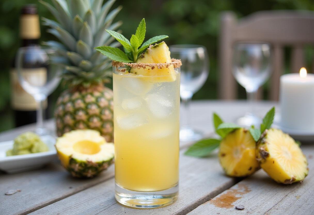 Garnishing Spirited Pineapple Vodka Fizz with mint and pineapple slice for a tropical drink presentation.