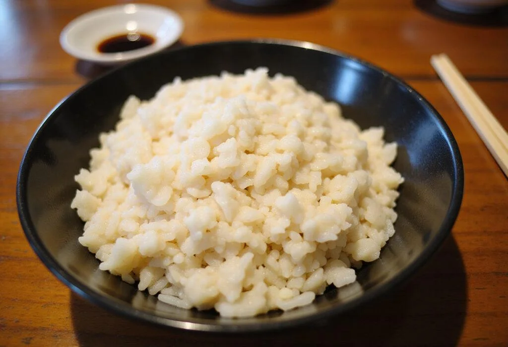 A bowl of perfectly cooked sticky japonica rice, highlighting its texture and serving suggestions, ideal for enjoying with various dishes.
