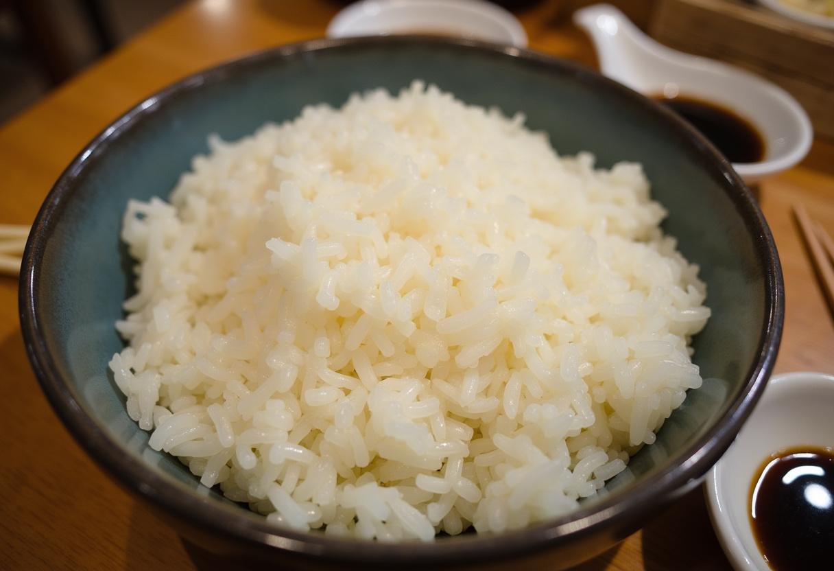 A bowl of perfectly cooked sticky japonica rice, highlighting its texture and serving suggestions, ideal for enjoying with various dishes.