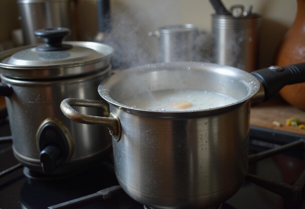 Boiling water in a pot for cooking japonica rice, demonstrating the initial cooking stage necessary for sticky rice.